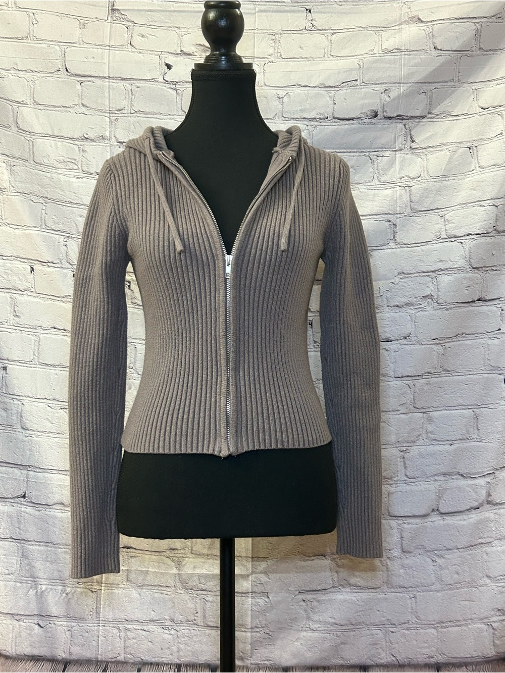 Ribbed Zip-Up Hoodie Cardigan - Taupe Gray
